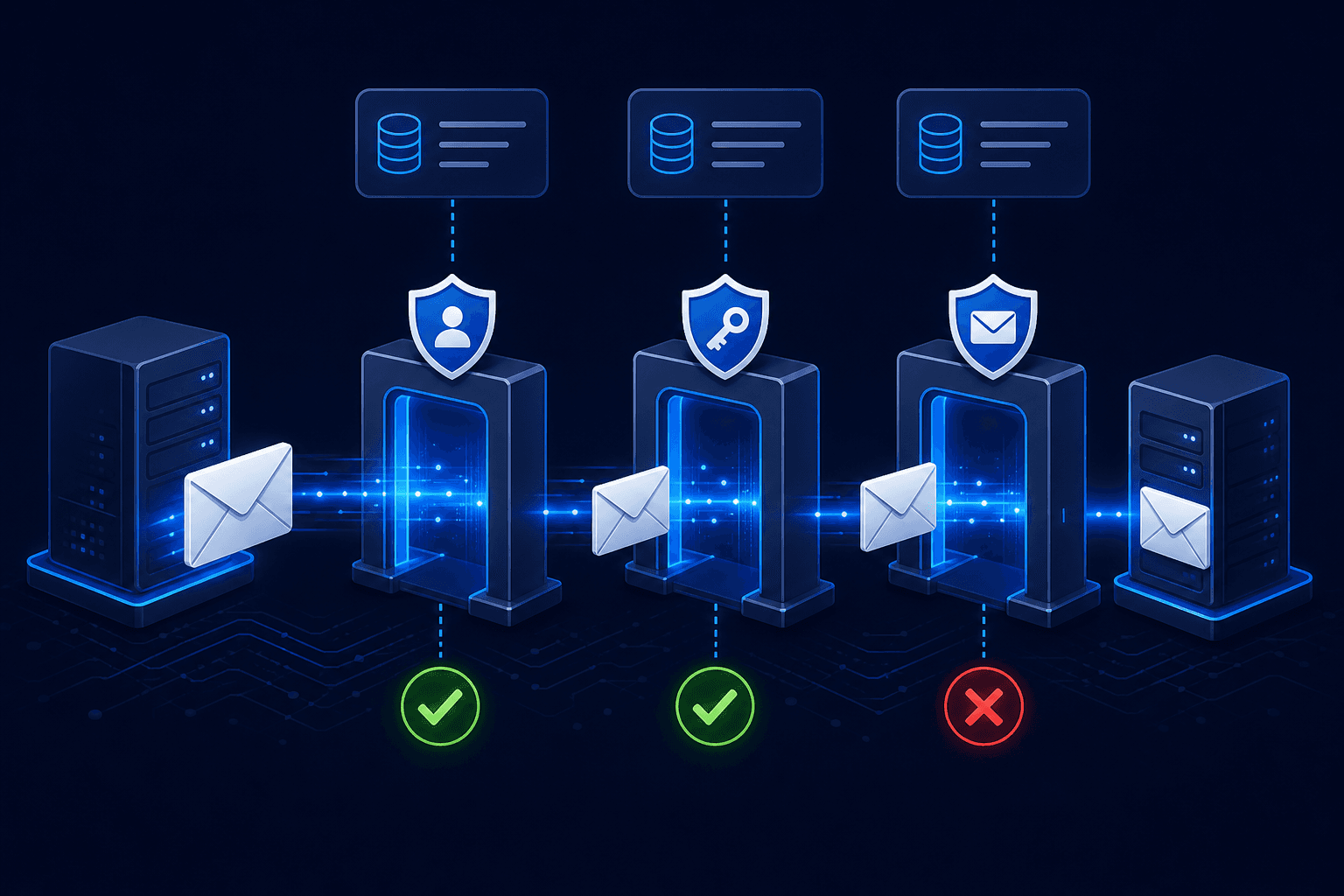 Email authentication flow showing SPF, DKIM, and DMARC verification checkpoints