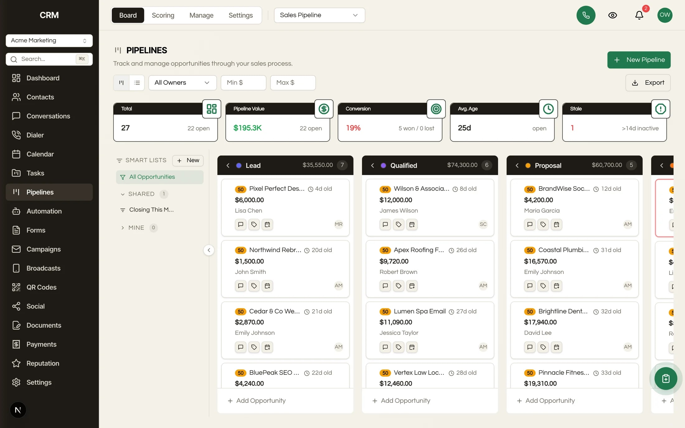 Live Seedly CRM pipeline view themed with the selected brand color and corner radius