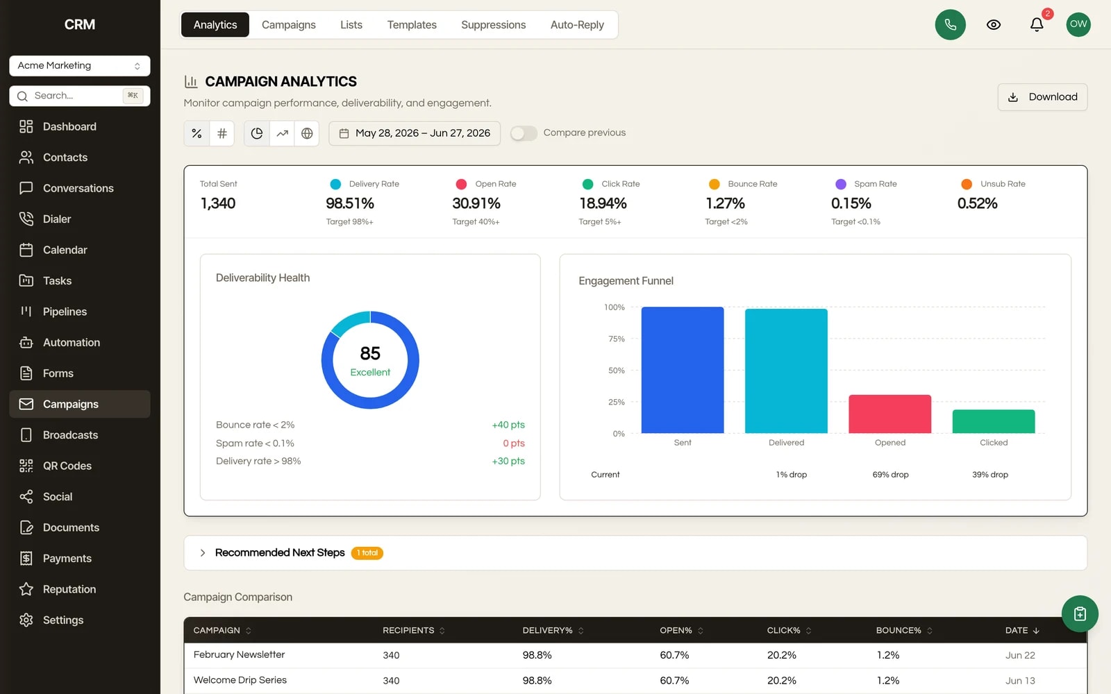 The Email & SMS Campaigns module in Seedly CRM