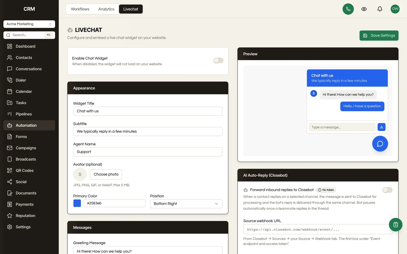 The live chat widget settings in Seedly CRM