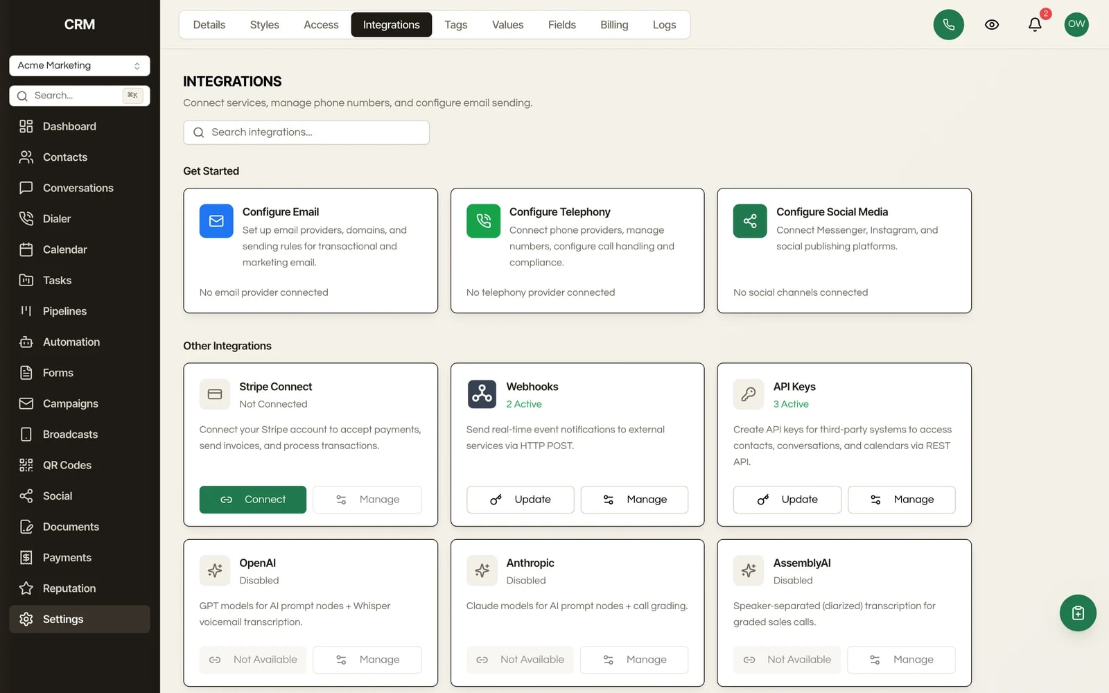 The integrations settings in Seedly CRM