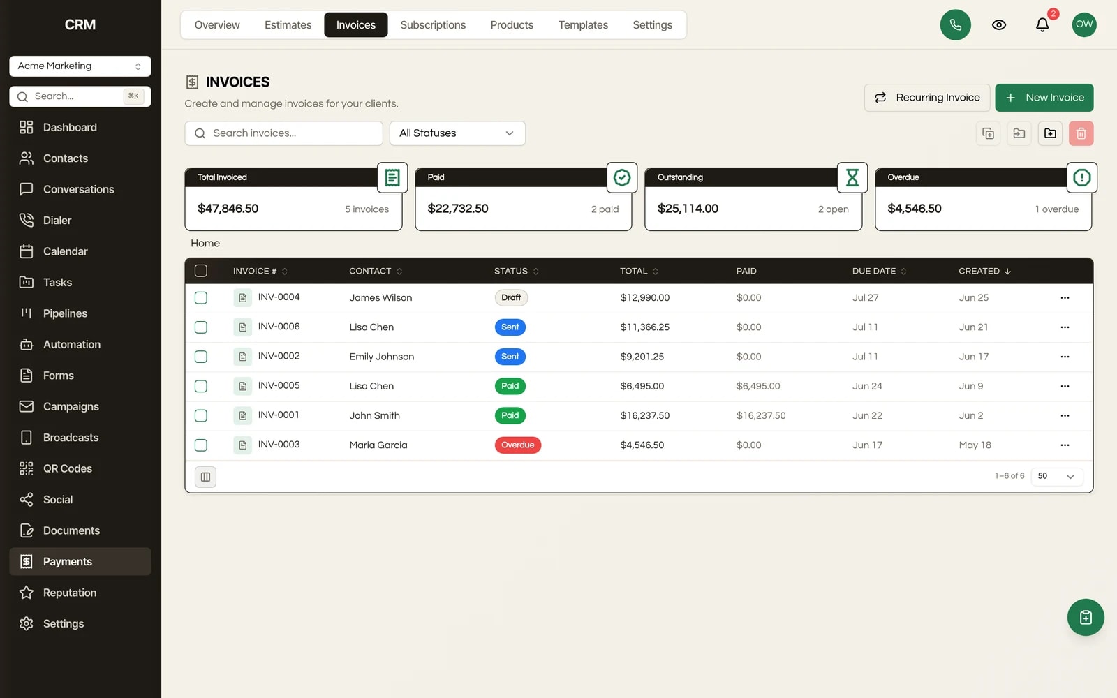 The Invoicing & Payments module in Seedly CRM