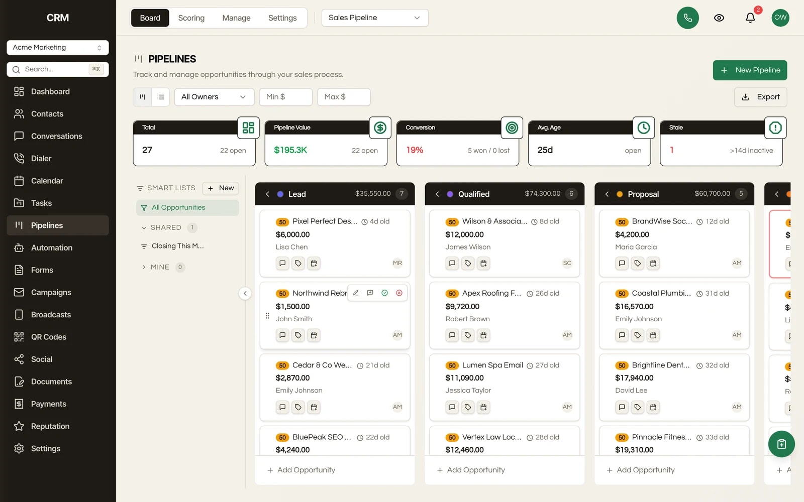 The Visual Pipelines module in Seedly CRM