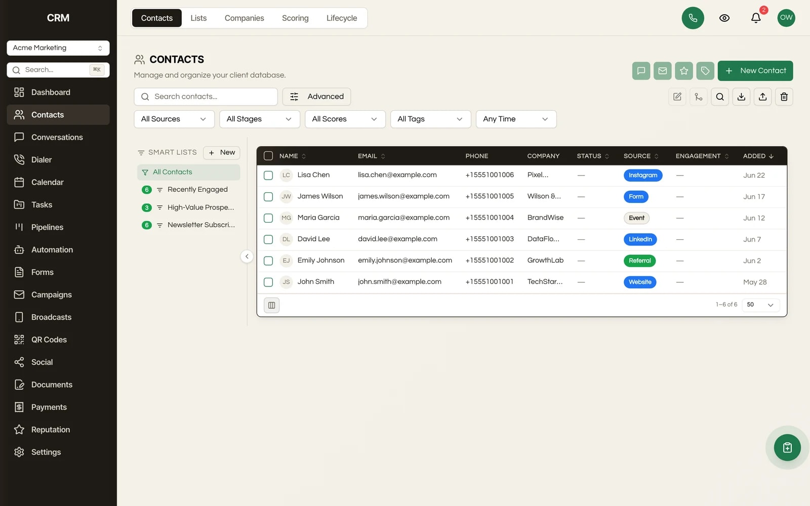 The Contacts & Segments module in Seedly CRM
