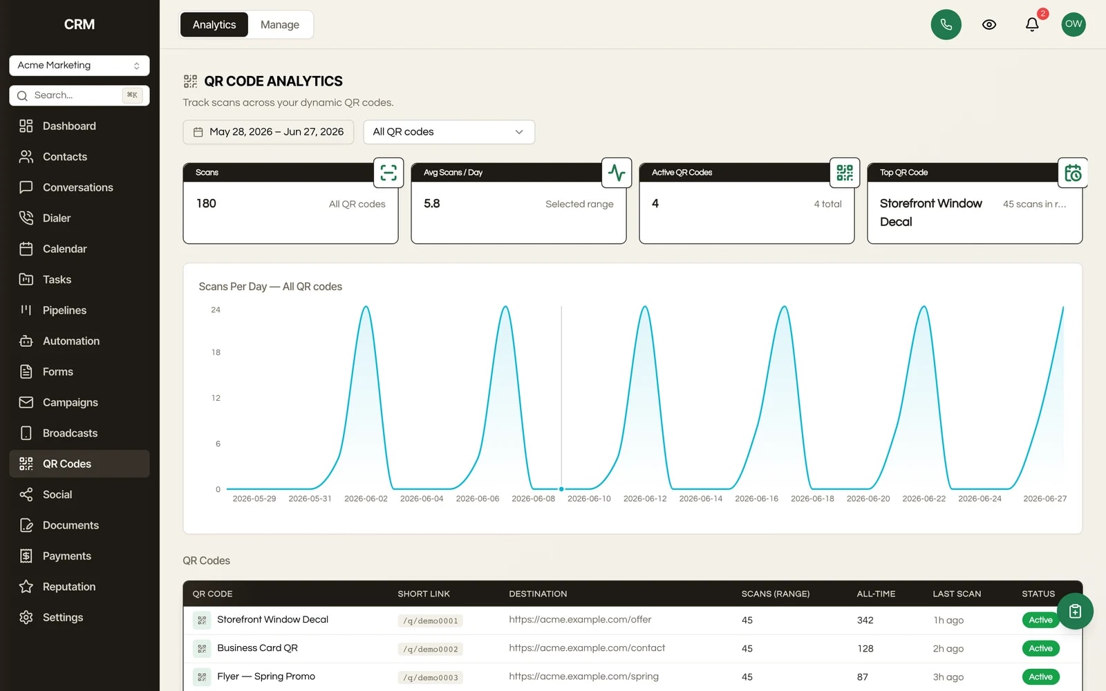 The QR Codes module in Seedly CRM