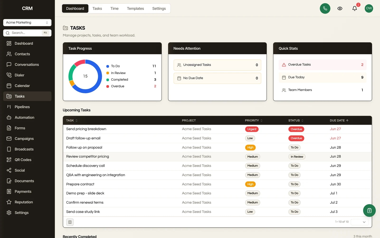The Tasks module in Seedly CRM