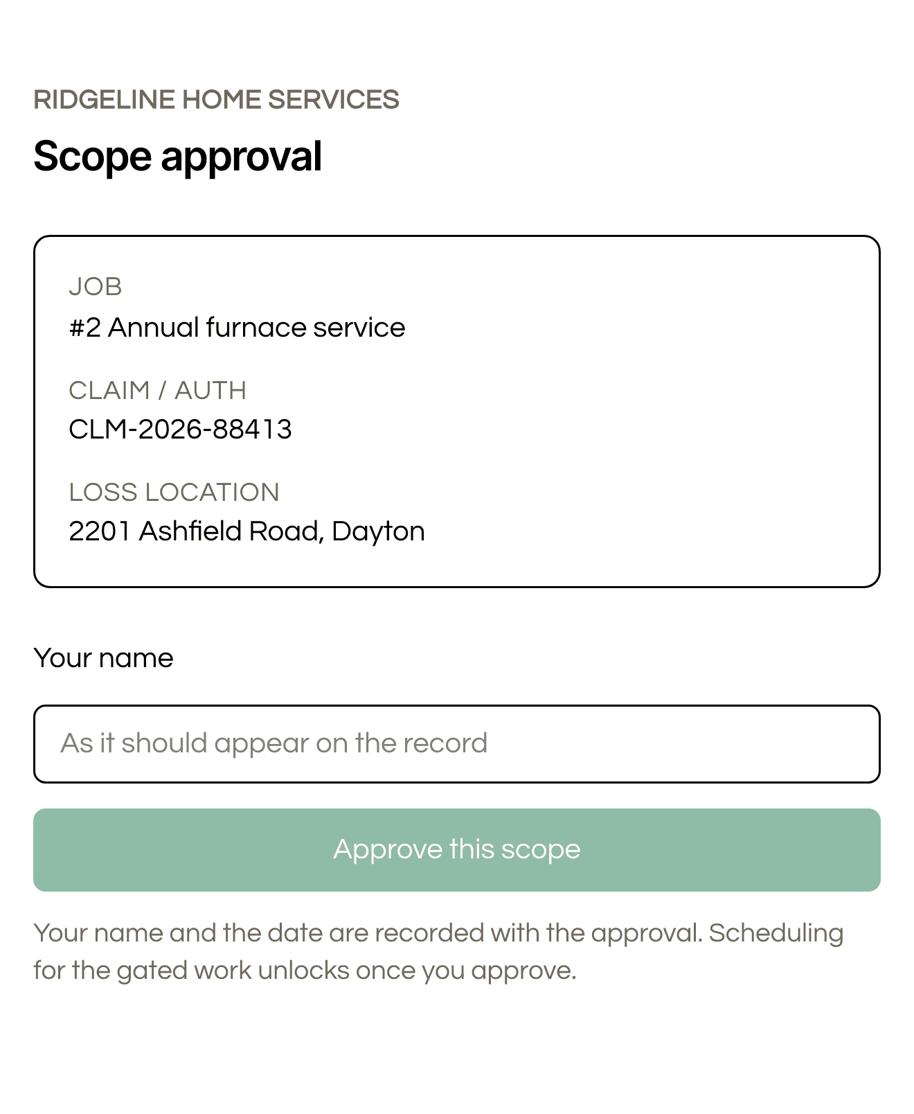 The adjuster's approval page on a phone: the job, the claim reference, the loss address, a name field and one Approve button.