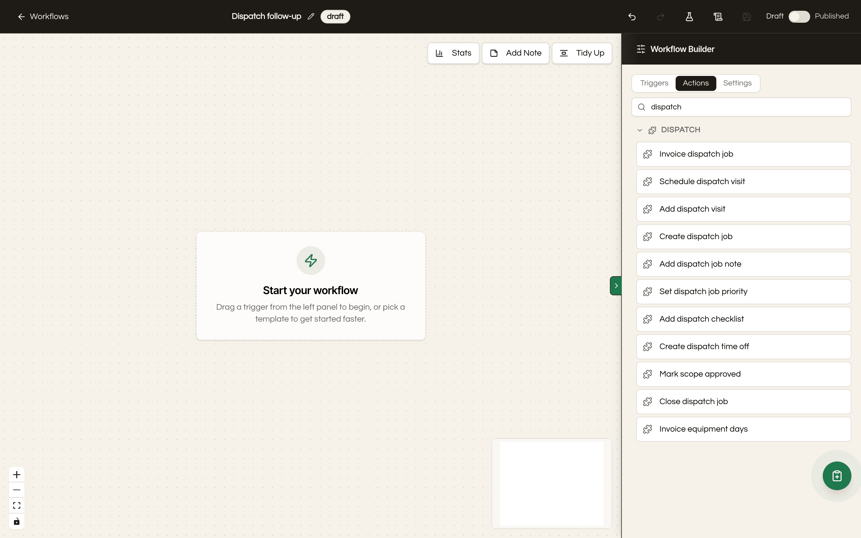 The CRM's workflow builder with its Dispatch actions listed beside every other action.