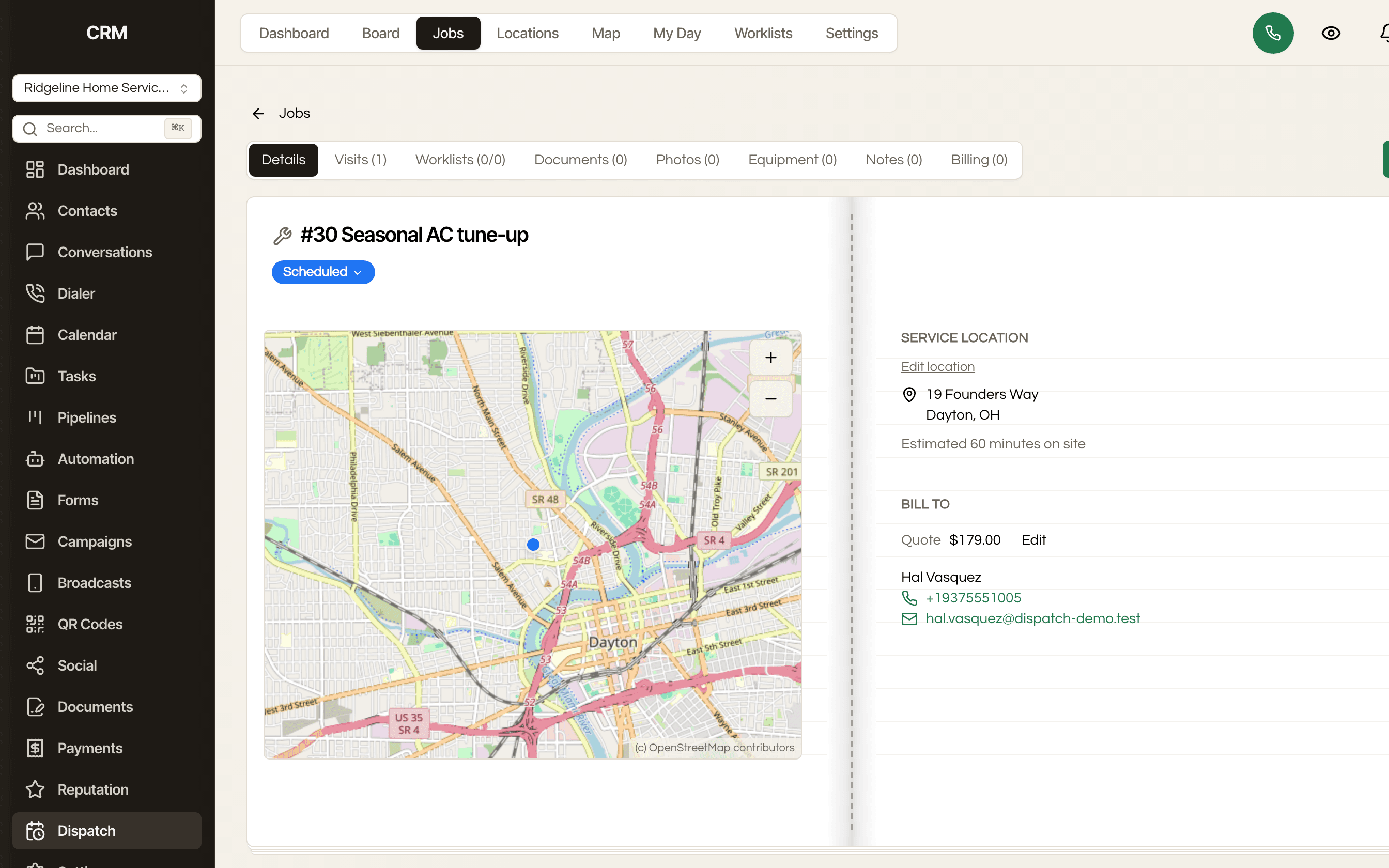 A job's detail page with the service location on one side and the bill-to on the other.