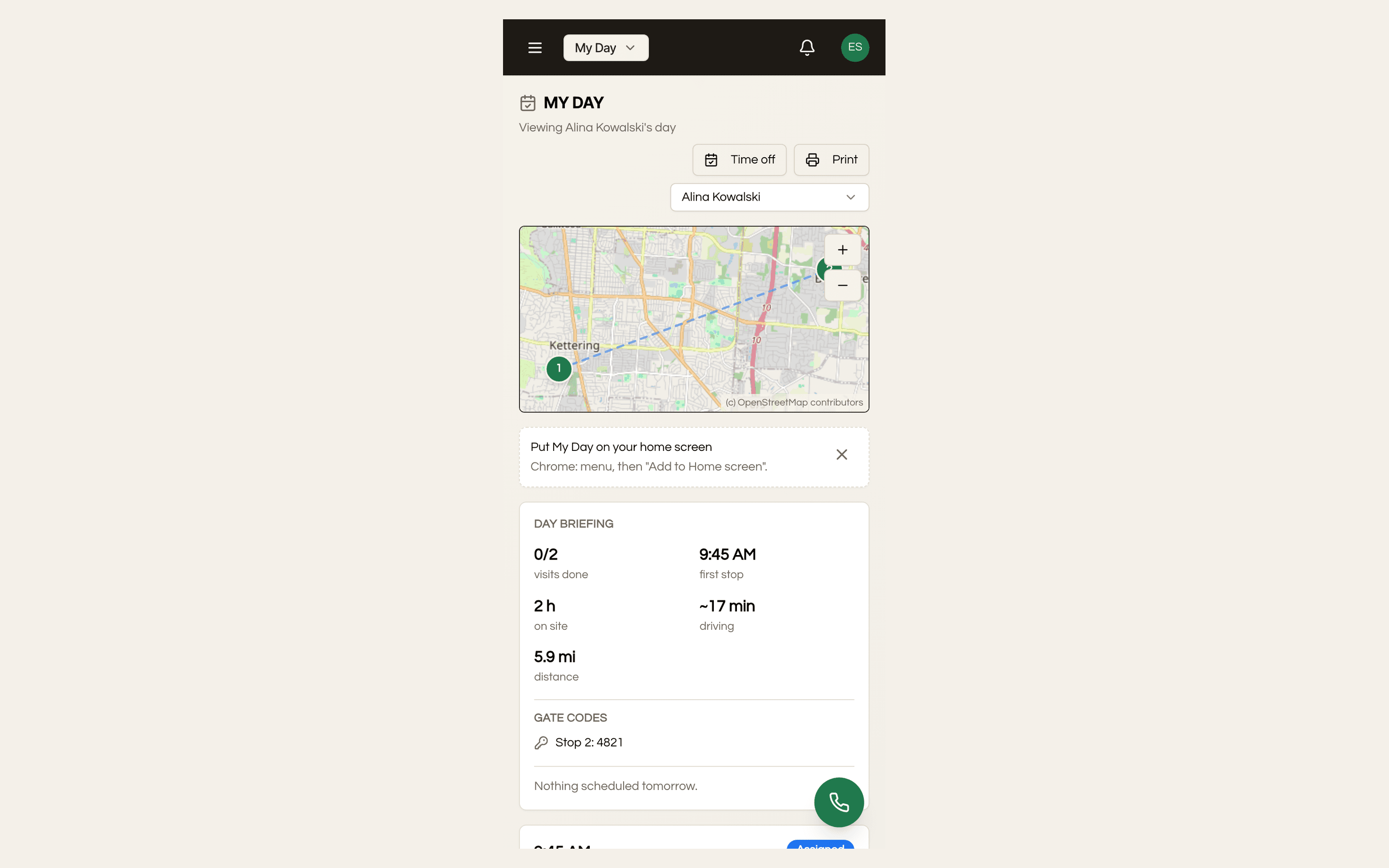 My Day on a phone: the add-to-home-screen prompt, a day briefing of visits, hours, drive time and distance, the route map, and the gate code for stop two.