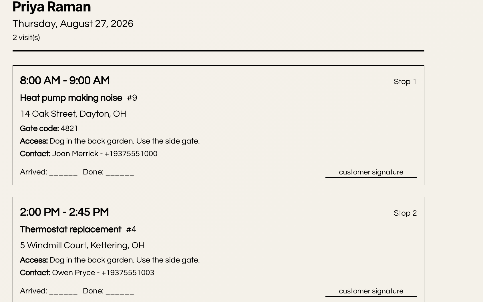 A technician's printed route sheet: two stops with times, addresses, the gate code, the access note, the site contact and a signature line.