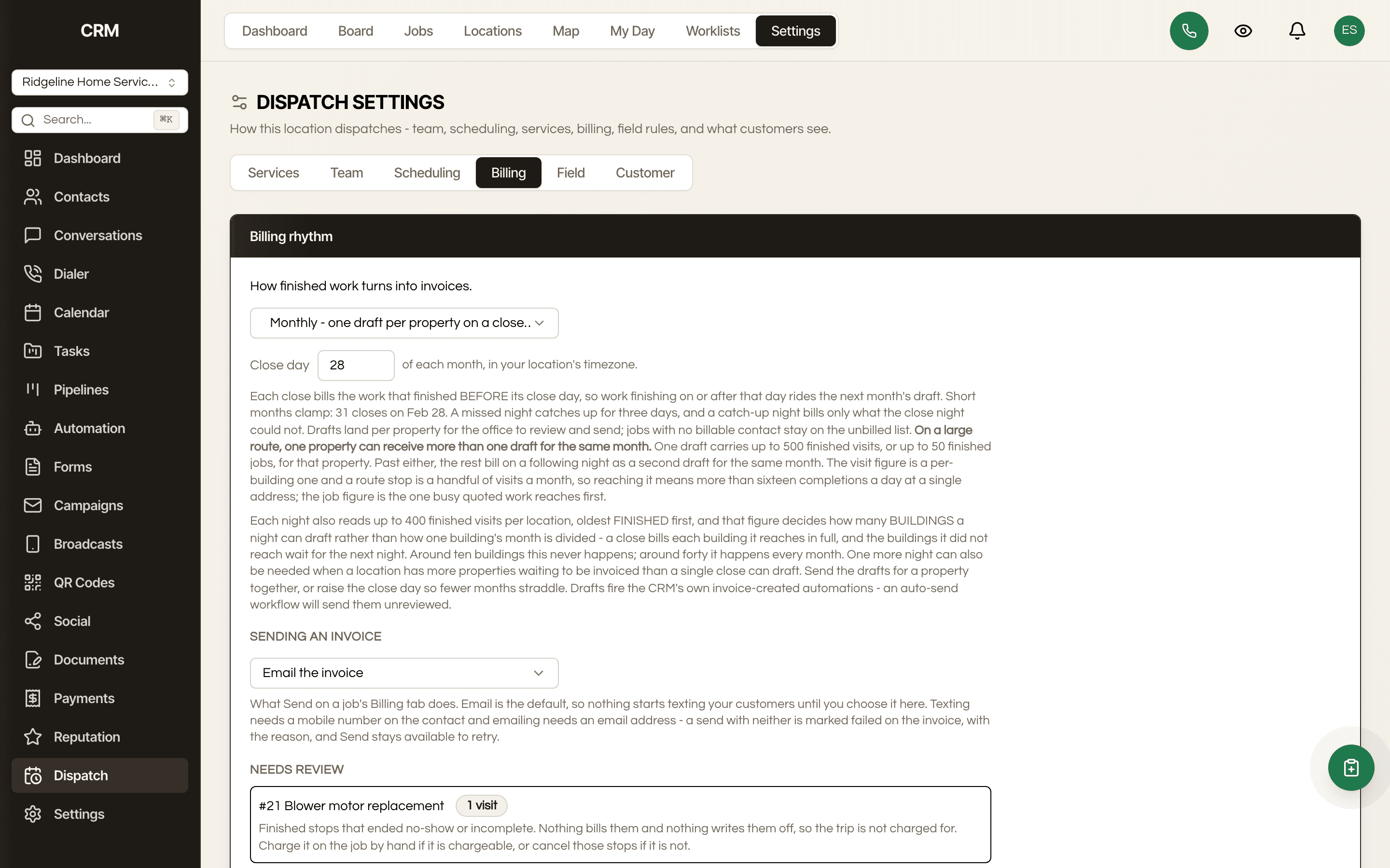 The billing settings: how finished work turns into invoices, how an invoice is sent, and the held-for-review list.