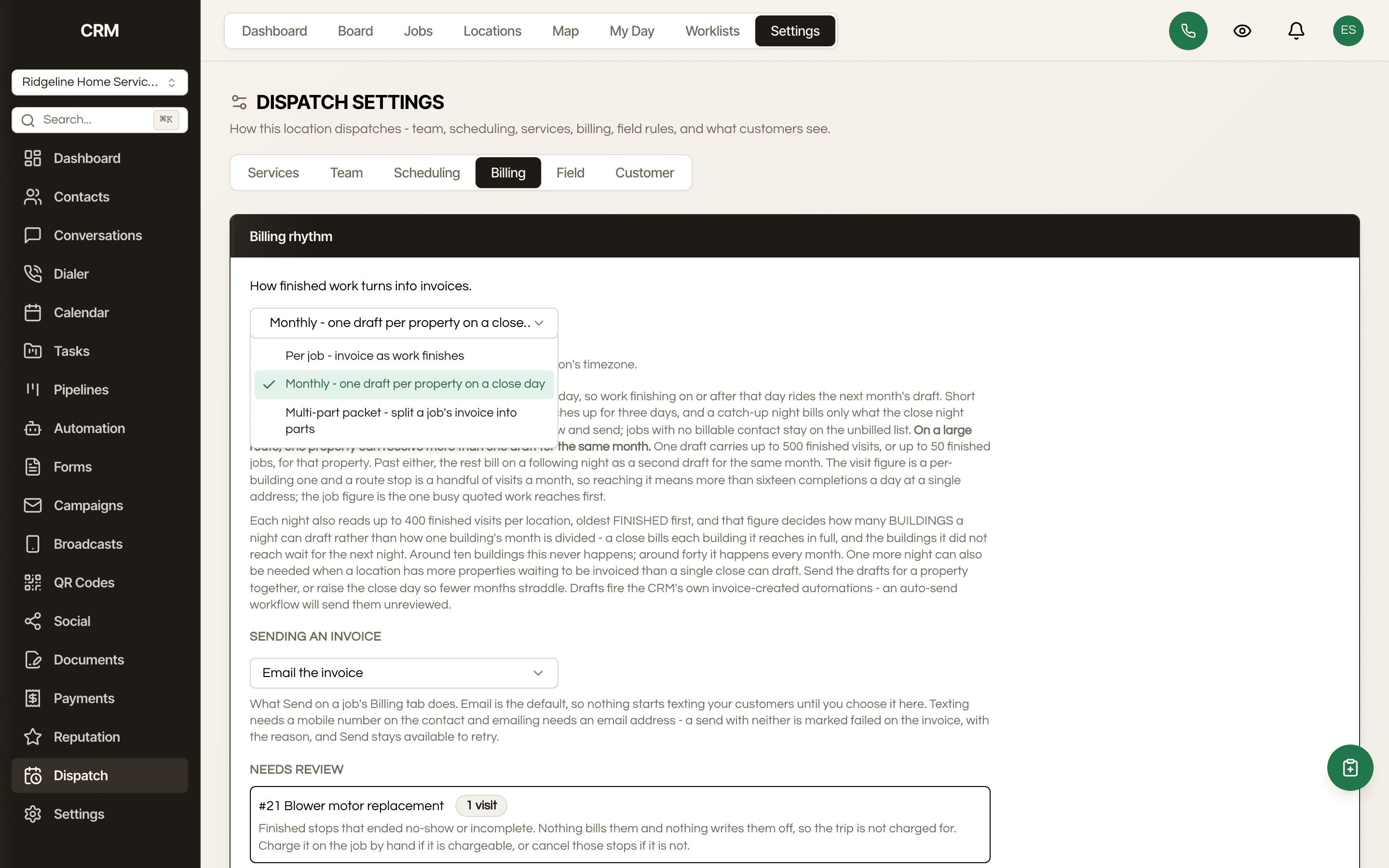 The billing rhythm picker open on three options, including the multi-part packet that splits one job's invoice.