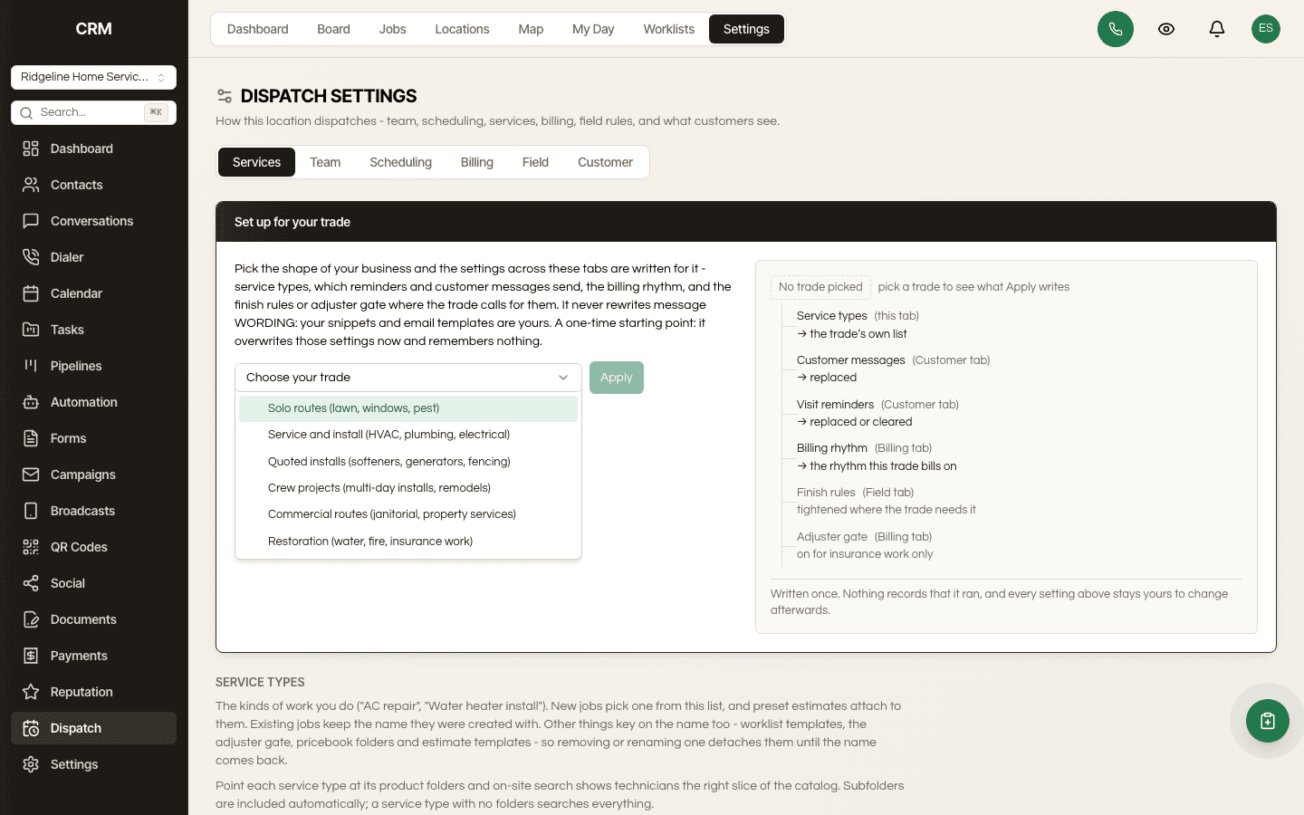 The trade picker open, listing all six trades with the work each one covers.