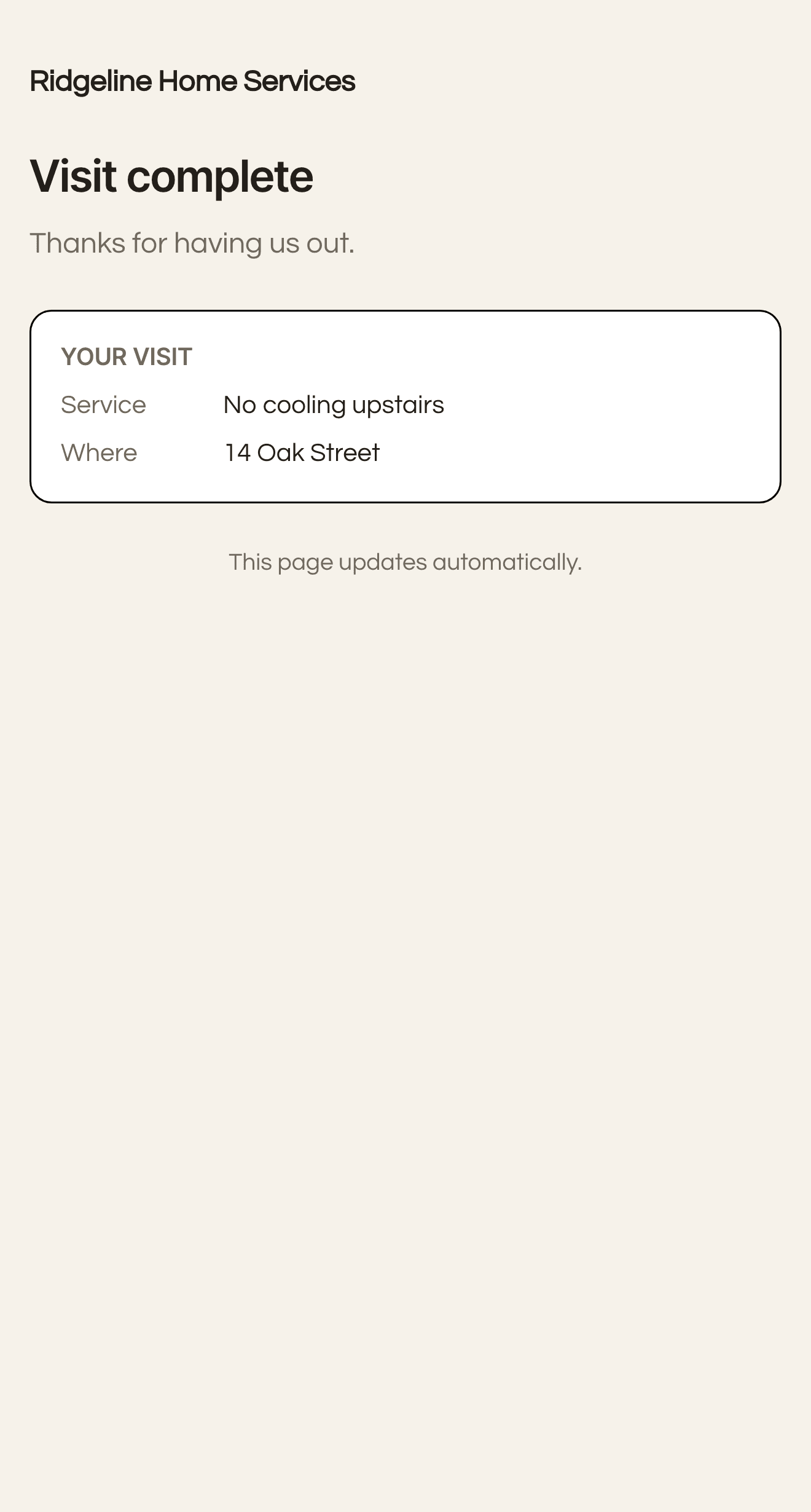The tracking page a customer opens on their phone, showing the visit and where it happened.