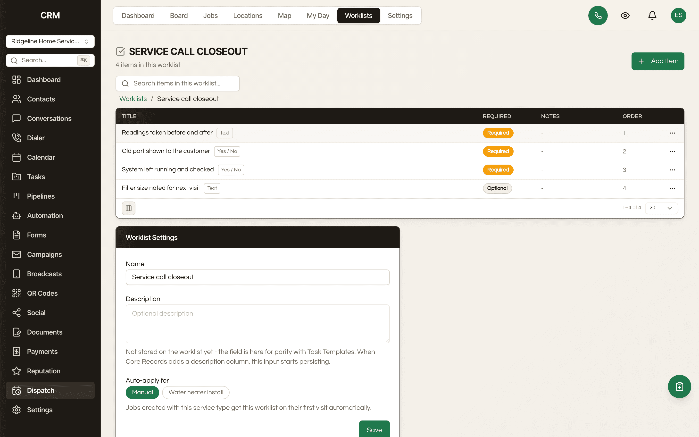 A worklist open, four items with their answer types and Required or Optional against each.