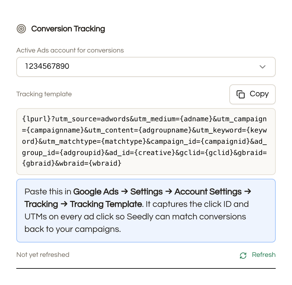 The Conversion Tracking section on Seedly's Google card, showing the tracking template in a code box with a Copy button and paste instructions for Google Ads.