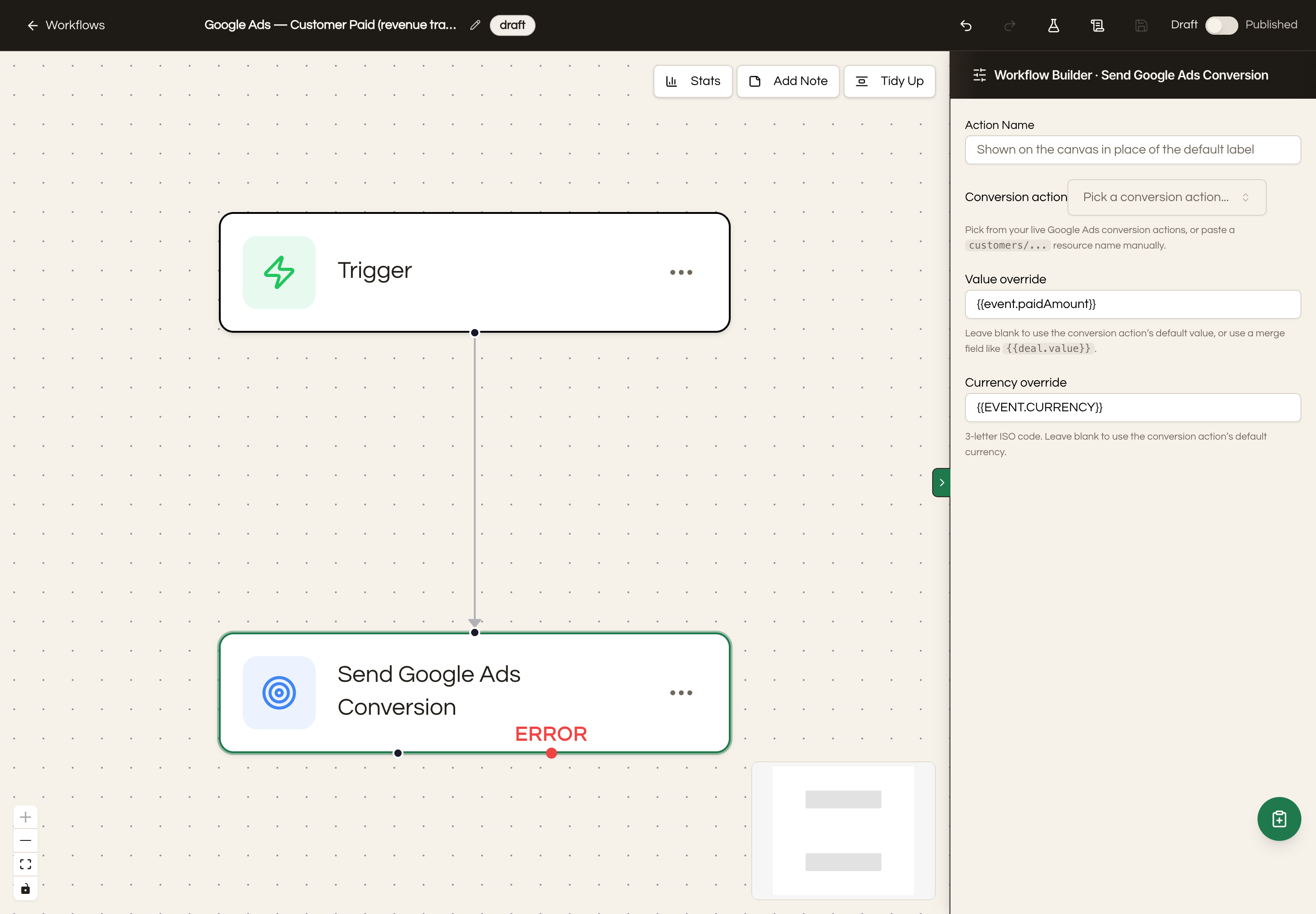 The Google Ads Customer Paid workflow open in Seedly's builder, an Invoice Paid trigger flowing into a Send Google Ads Conversion action, with the value pre-wired to the amount actually paid.